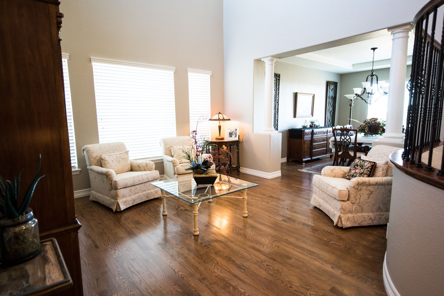 Wood flooring in a traditionally furnished living room